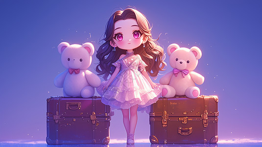 站行李箱旁穿着公主裙可爱卡通小女孩图片