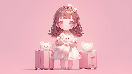 粉色背景下站在大大的行李箱旁穿着公主裙可爱卡通小女孩图片