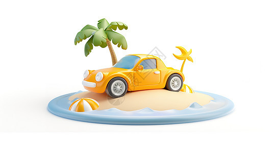 夏天海边旅游黄色小汽车3D图标图片