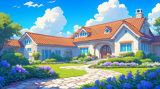 蓝天白云下唯美的卡通小房子图片