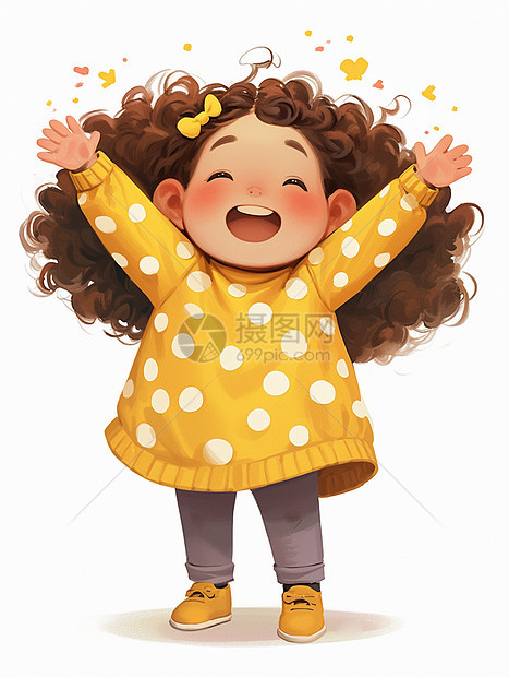 双手举起开心笑穿着黄色上衣的可爱小女孩图片