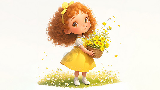 穿着黄色半身裙卷发可爱小女孩抱着花朵的卡通小女孩图片