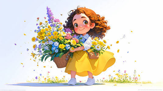 穿着黄色半身裙卷发可爱卡通小女孩抱着花朵图片