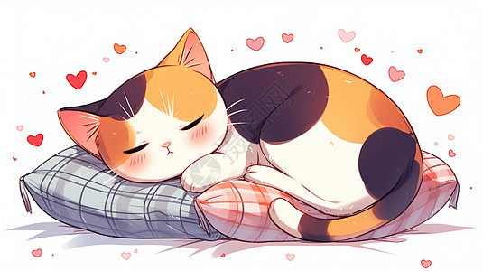 趴在格子枕头上安静睡觉的可爱小猫图片