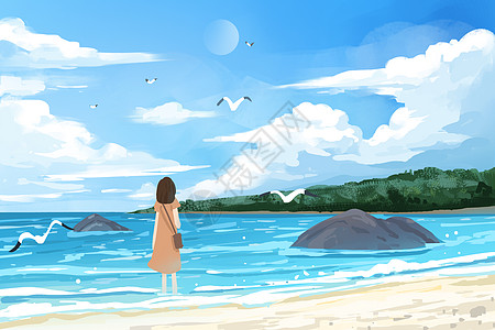 航拍沙滩手绘夏天大海天空白云治愈系插画插画