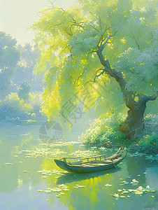 河畔柳树下一艘美丽的卡通小船图片