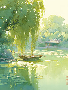 河畔柳树下一艘美丽的小船图片