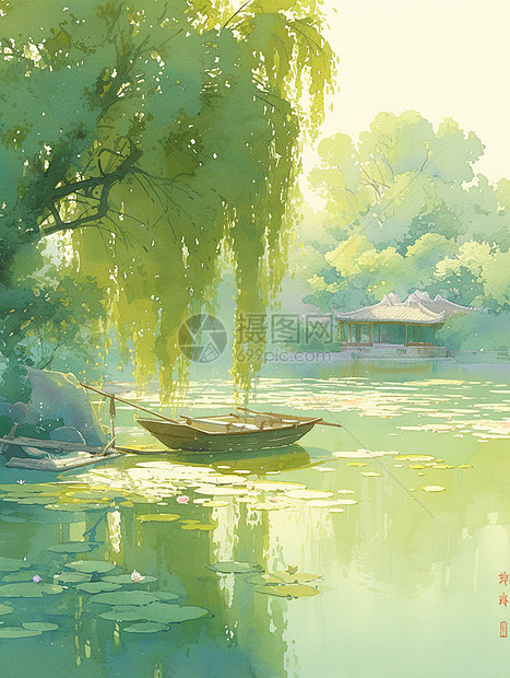 河畔柳树下一艘美丽的小船图片