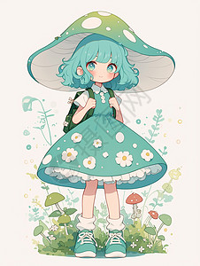 拉杆书包穿着绿色连衣裙背着绿色书包头戴蘑菇帽子的卡通小女孩插画