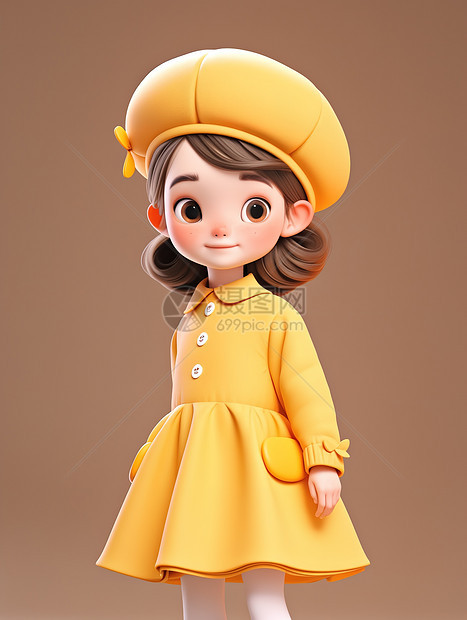 穿黄色连衣裙的3D可爱女孩图片