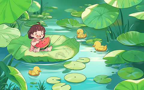 狂欢水二十四节气立夏夏天荷塘小鸭子吃西瓜的女孩插画