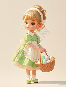 手上拎着彩蛋花篮穿着绿色连衣裙的可爱卡通小女孩图片