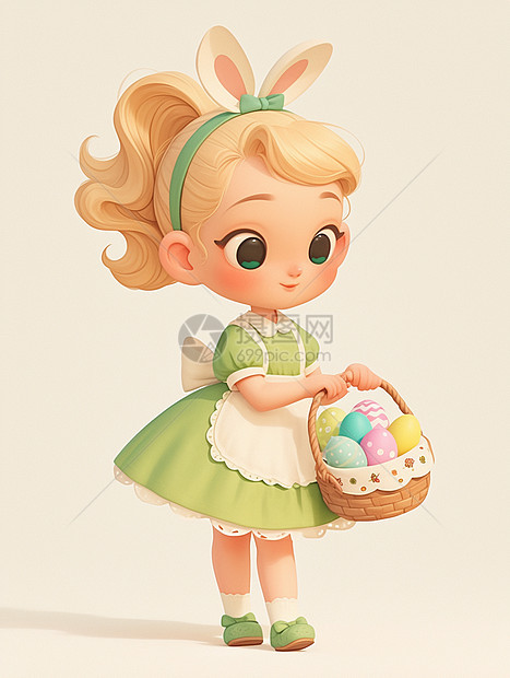 拎着彩蛋花篮穿着绿色连衣裙的可爱卡通小女孩图片