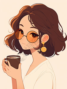 身穿上衣优雅时尚的卷发卡通女人在喝咖啡图片