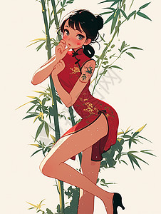 穿着红色旗袍在竹林间的卡通女人图片