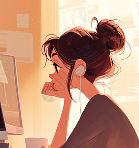 戴着耳机的卡通女孩在电脑前工作图片