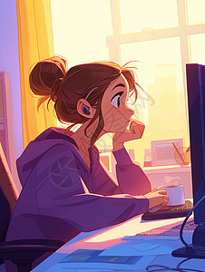 耳机听音乐的卡通女孩在电脑前工作图片
