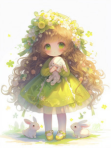 头上戴着花环身穿绿色连衣裙身上有很多小白兔的可爱卡通小女孩图片