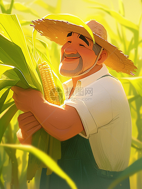 戴着草帽在田地间的卡通农民图片