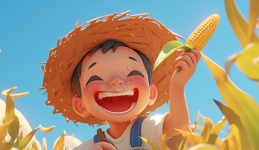 在玉米地中开心丰收的卡通农民高清图片