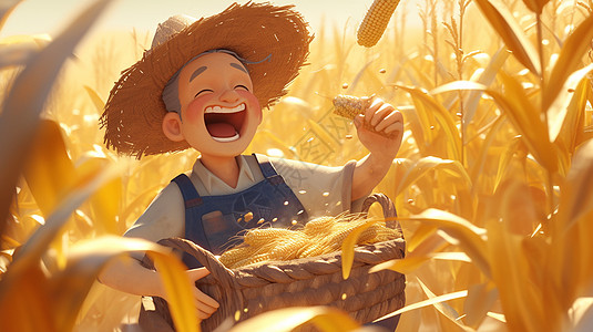 在玉米地中开心的卡通农民图片