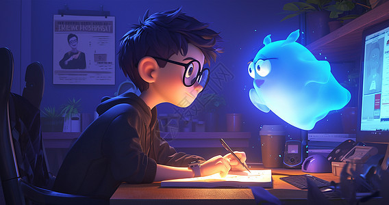 夜晚坐在办公桌上手拿着笔看着一个发光的幽灵的卡通男孩图片