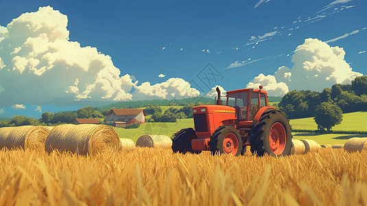 蓝天下一个卡通拖拉机在田地间图片