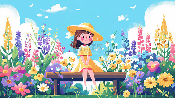坐在花丛中小板凳上赏花的卡通小女孩图片