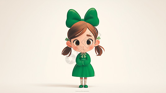 穿着绿色连衣裙头上戴着绿色蝴蝶结的可爱卡通小女孩高清图片