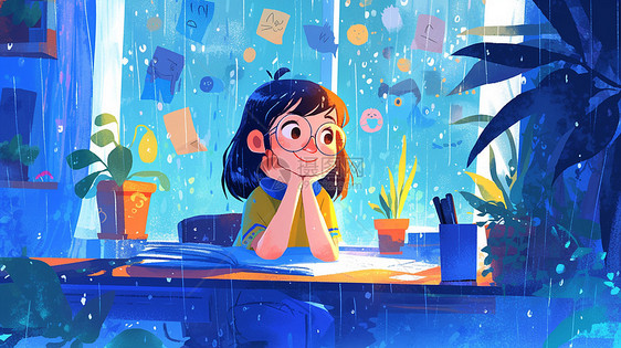 夜晚坐在书桌前安静的赏雨的可爱卡通小女孩图片