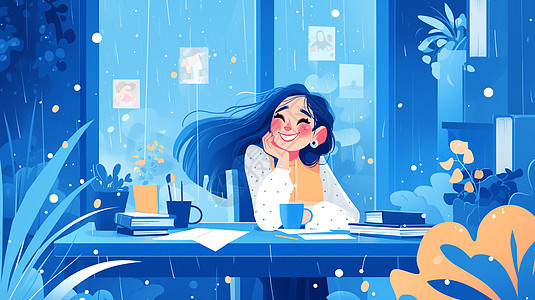 坐在书桌前安静的赏雨的可爱卡通小女孩图片