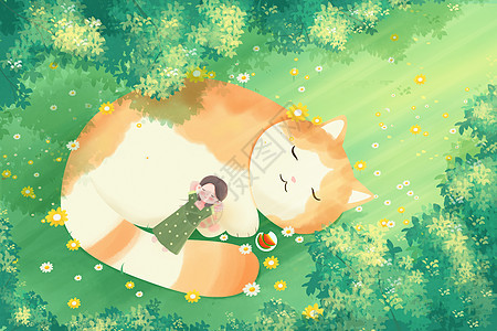 治愈立夏女孩和猫躺在草地上休息插画背景图片