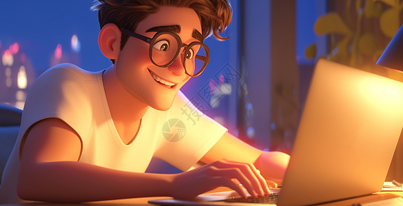 面带微笑看着电脑开心干活的卡通男人图片