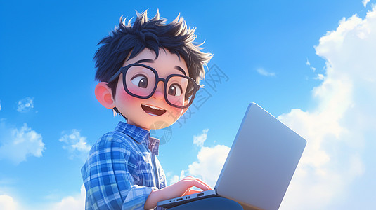 卡通大男孩拿着电脑在办公图片