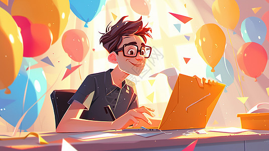 戴着眼镜的卡通男人开心看着电脑满屋彩色气球图片
