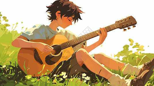 坐在草丛中安静弹吉他的卡通小男孩图片