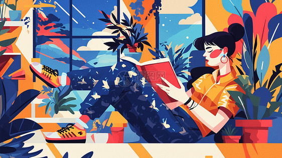 扁平风时尚的卡通女人在植物丛中安静的看书图片