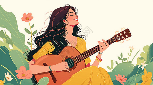 清新时尚的卡通女人在花丛中安静的弹吉他图片
