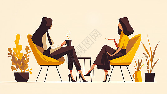 两个时尚的卡通女人坐在椅子上安静的交谈图片
