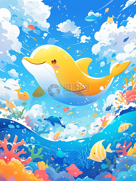 在大海上开心游泳的可爱卡通黄色海豚图片