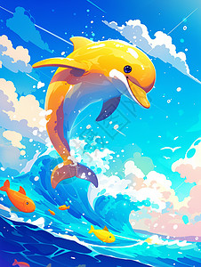 在大海上开心游泳的卡通黄色海豚图片