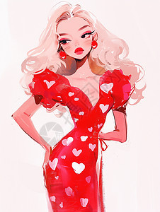 身穿红色连衣裙卷发时尚的卡通女人图片