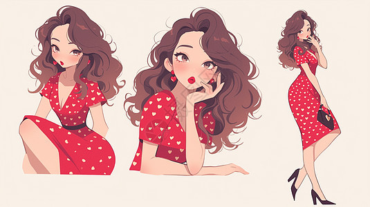 卷发时尚漂亮卡通女人身穿红色爱心连衣裙图片