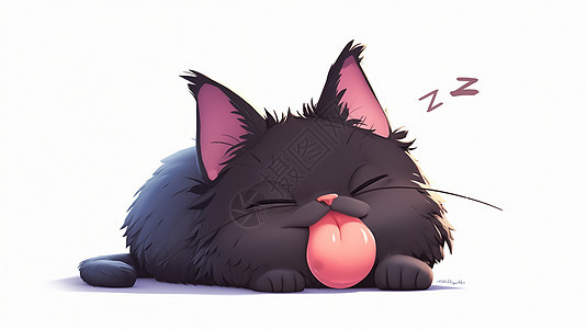 伸着舌头酣睡的可爱卡通小黑猫图片