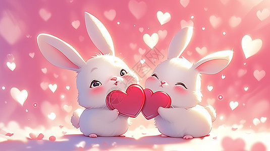 两只可爱的卡通白兔抱着红色爱心图片