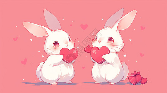 两只抱着红色爱心的可爱的小白兔图片