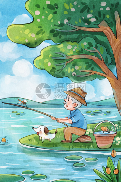 手绘水彩之退休的老人家在河边钓鱼场景插画图片