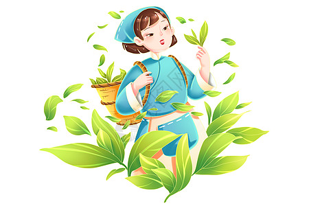 看手机的女采茶姑娘春茶中国茶文化中国风人物插画