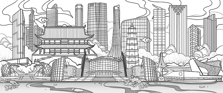 国潮风福建福州地标古建筑现代大厦线稿场景插画图片