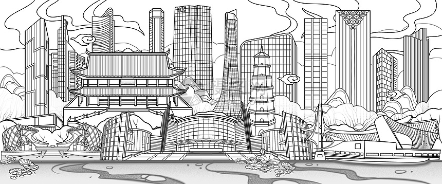 国潮风福建福州地标古建筑现代大厦线稿场景插画图片